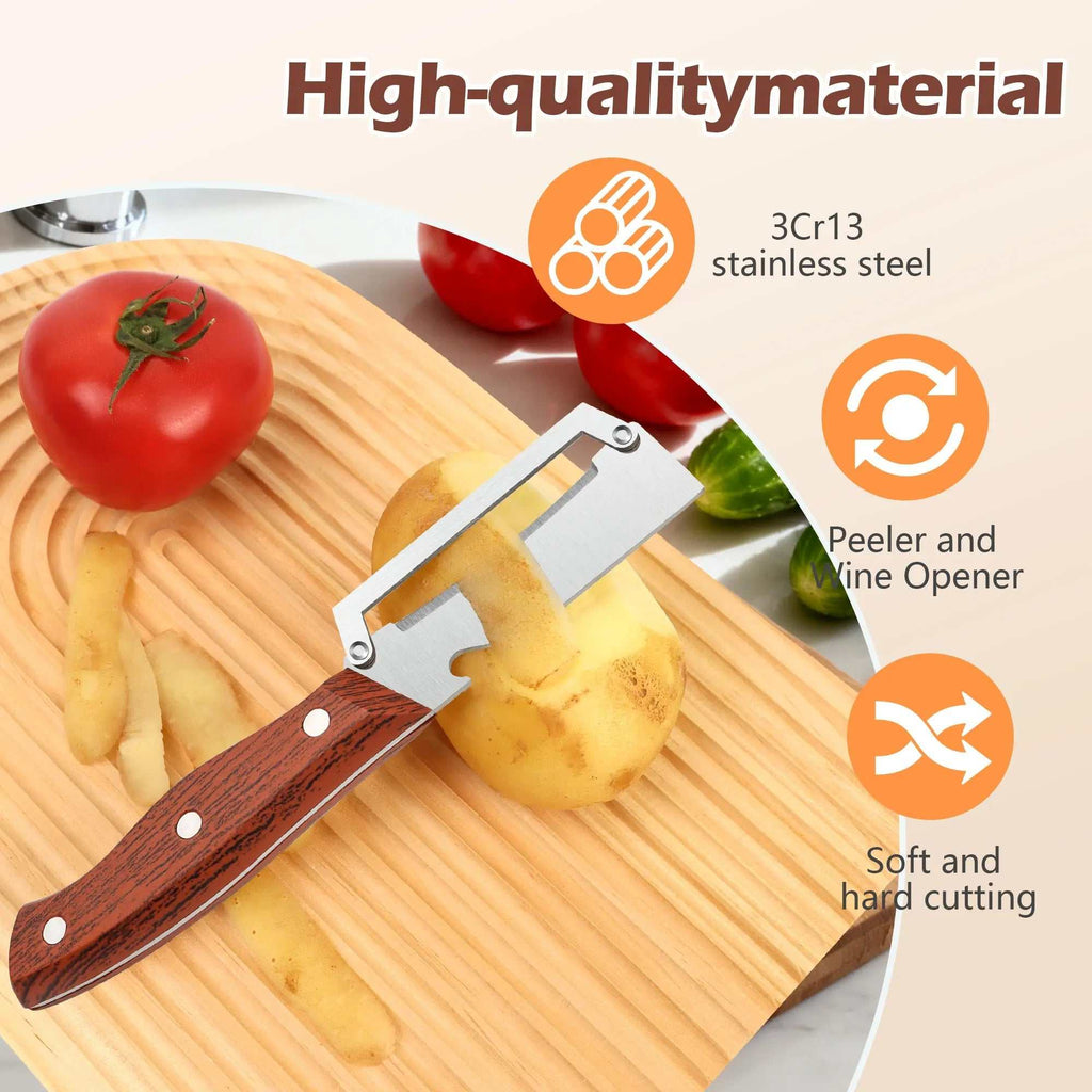 Wooden-Handled Vegetable & Fruit Peeler - Stainless Steel Blade with Built-In Bottle Opener, Ergonomic Kitchen Tool