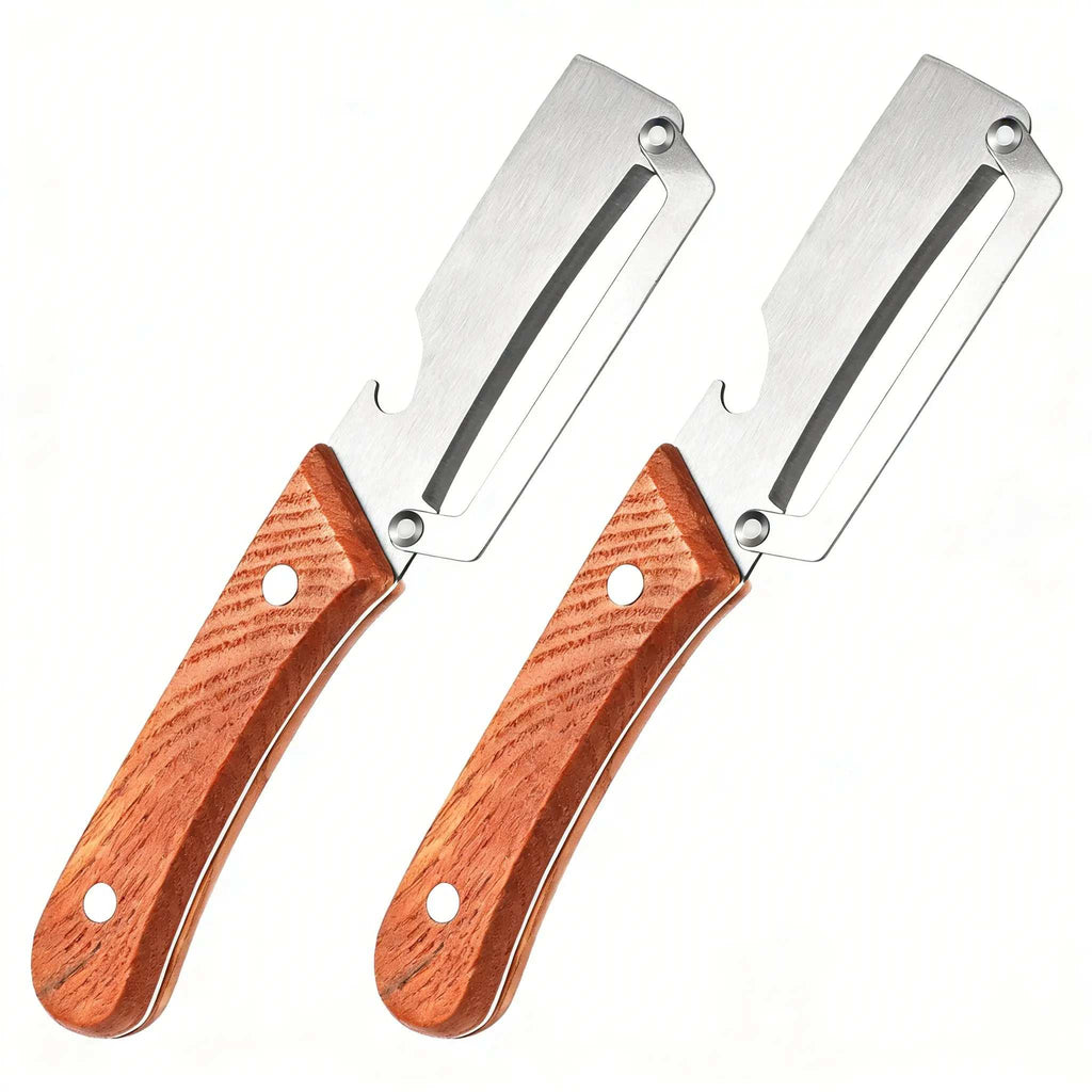 Wooden-Handled Vegetable & Fruit Peeler - Stainless Steel Blade with Built-In Bottle Opener, Ergonomic Kitchen Tool