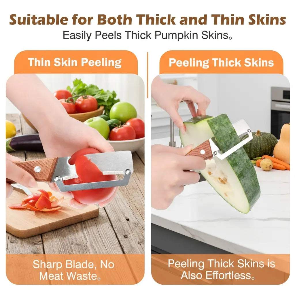 Wooden-Handled Vegetable & Fruit Peeler - Stainless Steel Blade with Built-In Bottle Opener, Ergonomic Kitchen Tool
