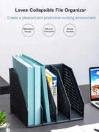 Collapsible magazine file holder with 4 vertical compartments for office organization and easy storage