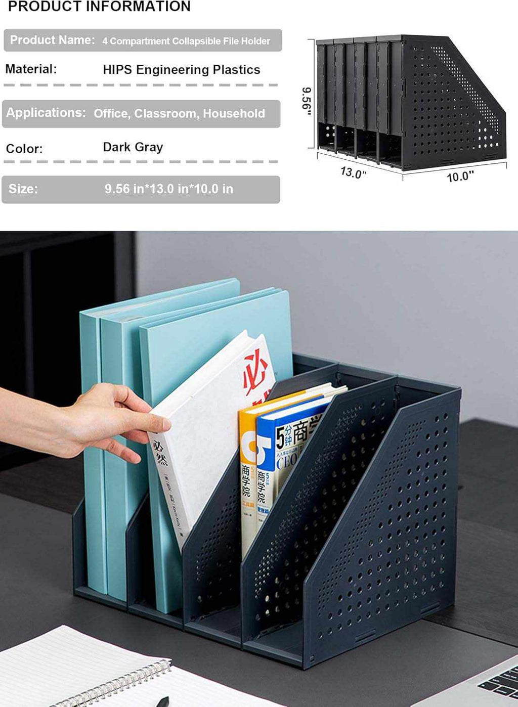 Collapsible magazine file holder with 4 adjustable vertical compartments for office organization and storage