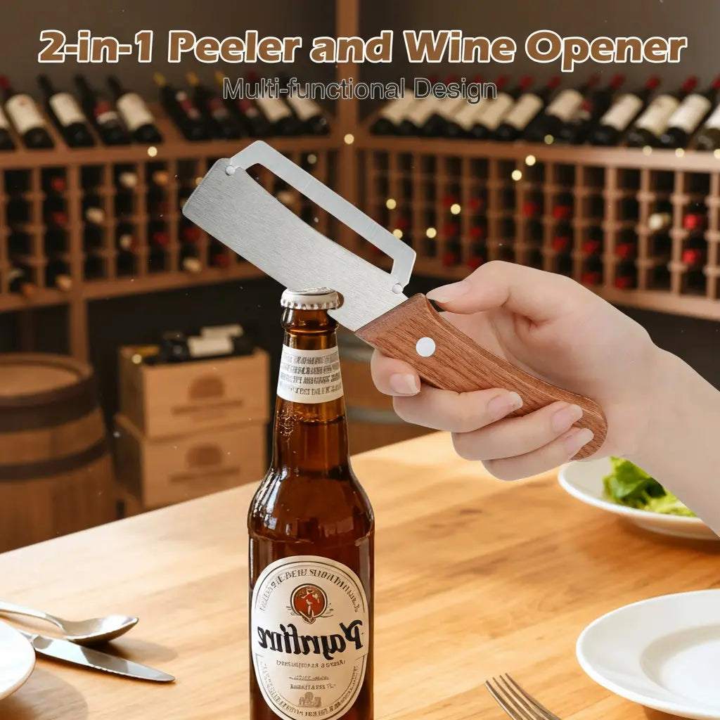 Wooden-Handled Vegetable & Fruit Peeler - Stainless Steel Blade with Built-In Bottle Opener, Ergonomic Kitchen Tool