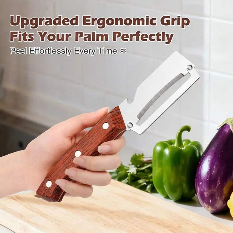 Wooden-Handled Vegetable & Fruit Peeler - Stainless Steel Blade with Built-In Bottle Opener, Ergonomic Kitchen Tool