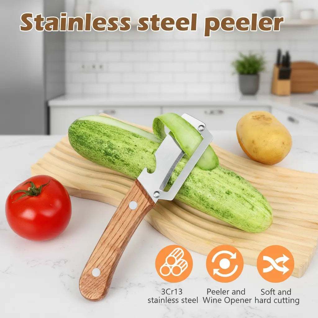 Wooden-Handled Vegetable & Fruit Peeler - Stainless Steel Blade with Built-In Bottle Opener, Ergonomic Kitchen Tool