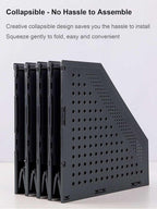 Collapsible magazine file holder with four vertical compartments for office organization and storage