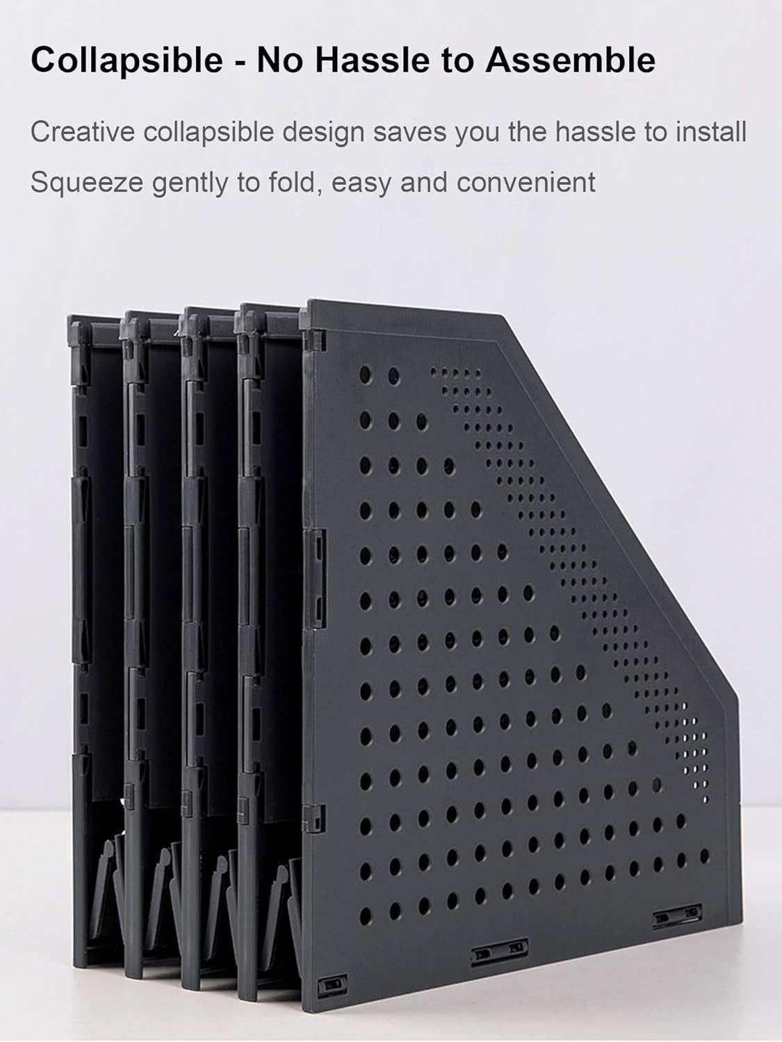 Collapsible magazine file holder with four vertical compartments for office organization and storage