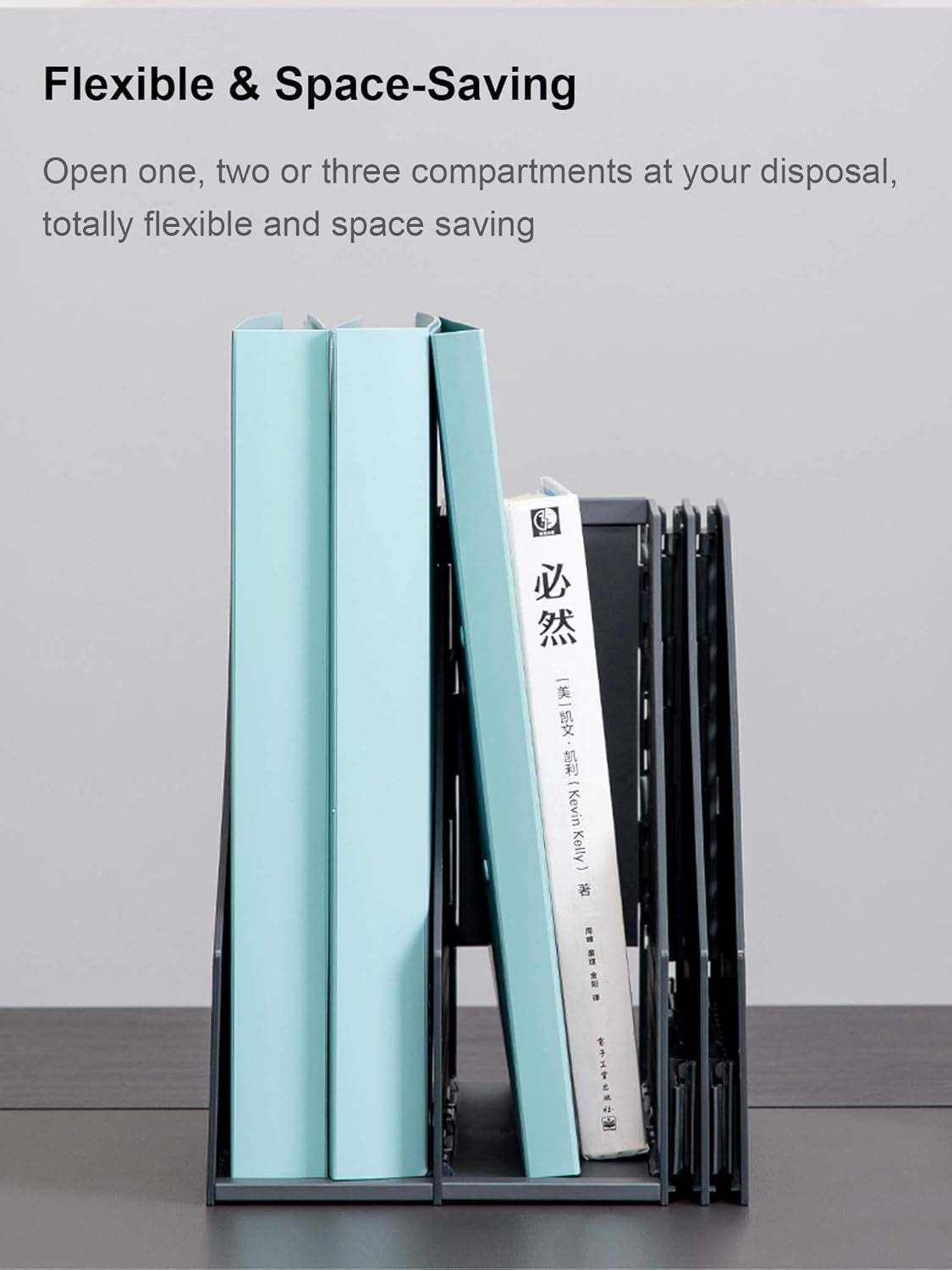Collapsible magazine file holder with 4 vertical compartments for office organization and easy document access