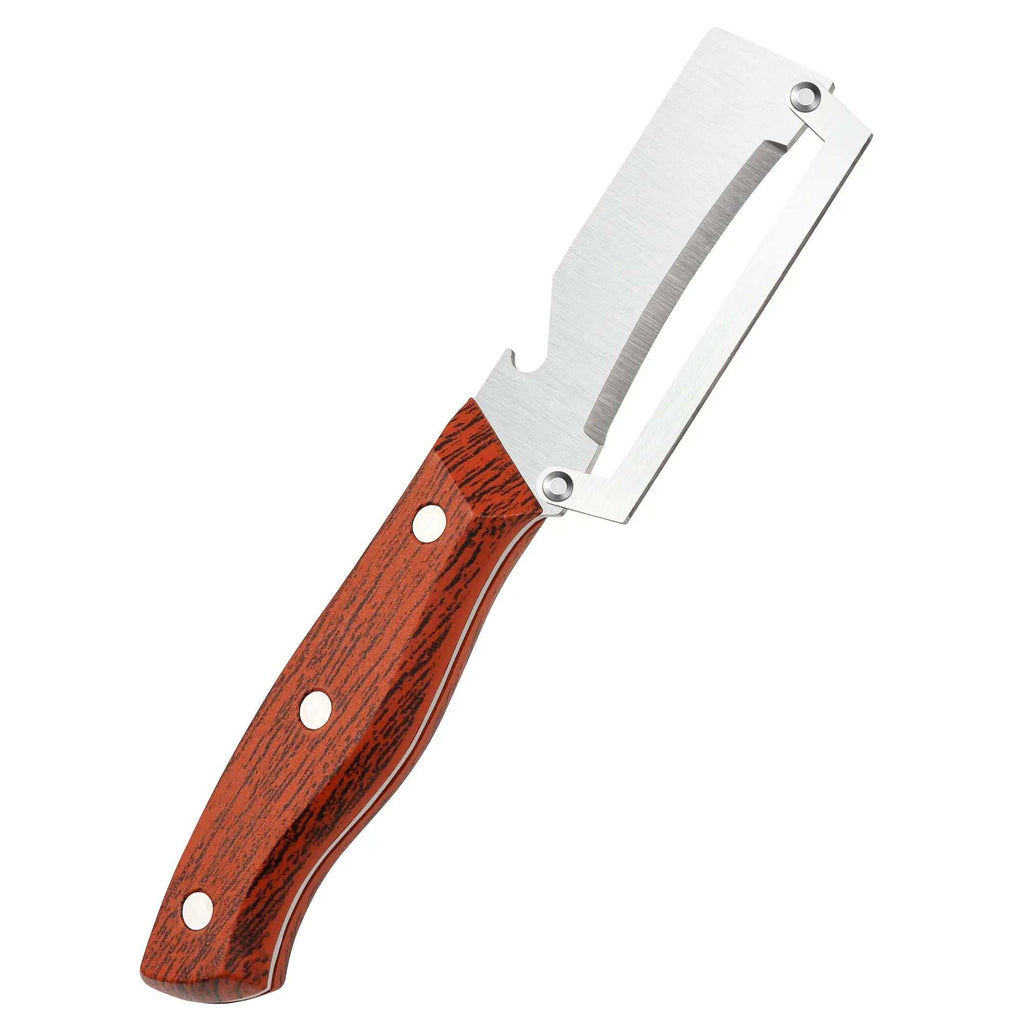 Wooden-Handled Vegetable & Fruit Peeler - Stainless Steel Blade with Built-In Bottle Opener, Ergonomic Kitchen Tool